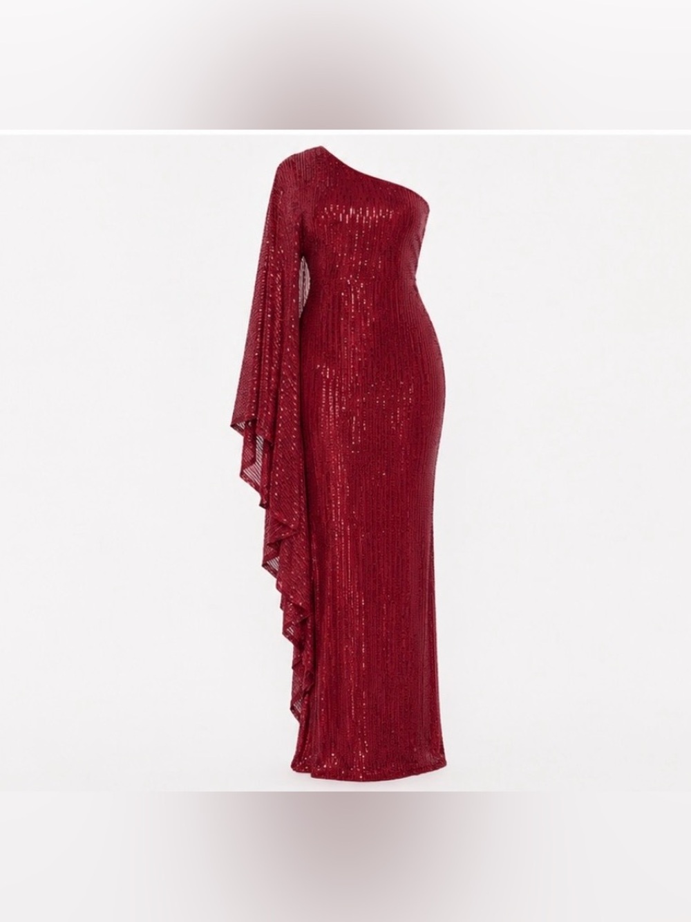 Fashion Nova Haute Stuff Sequin Maxi Gown in burgundy with draped long sleeve